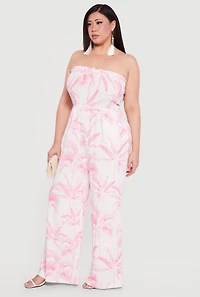 Plus Smocked Top Palm Tree Print Jumpsuit