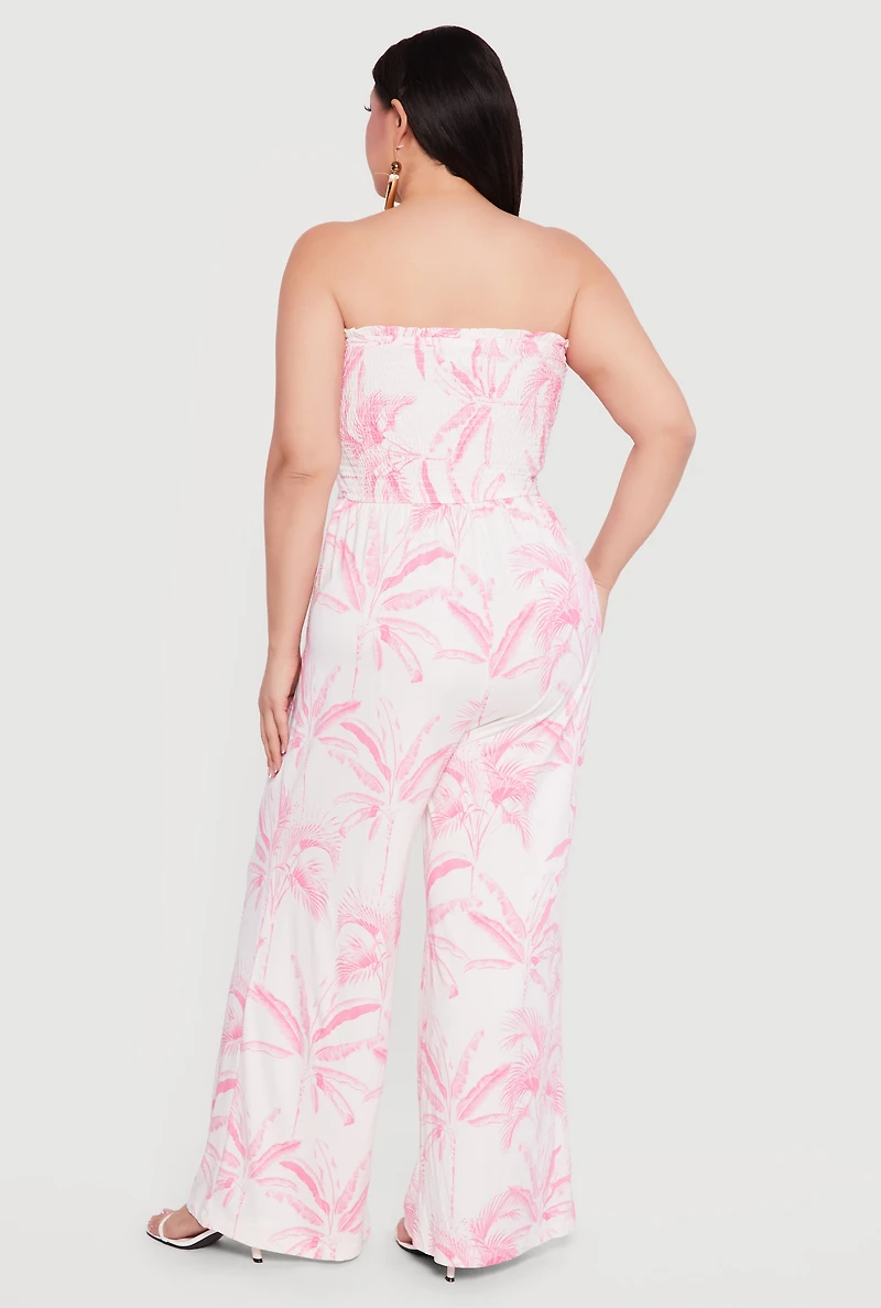 Plus Smocked Top Palm Tree Print Jumpsuit