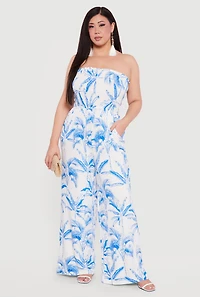 Plus Smocked Top Palm Tree Print Jumpsuit