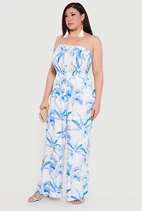 Plus Smocked Top Palm Tree Print Jumpsuit