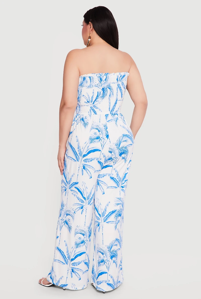 Plus Smocked Top Palm Tree Print Jumpsuit