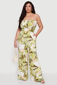 Plus Leaf Print Smocked Tube Jumpsuit