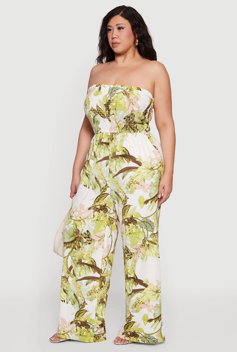 Plus Leaf Print Smocked Tube Jumpsuit
