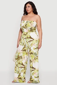 Plus Leaf Print Smocked Tube Jumpsuit