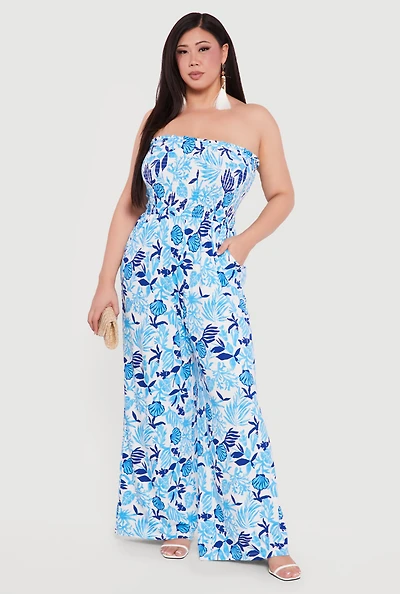 Plus Patterned Smocked Tube Jumpsuit