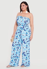 Plus Patterned Smocked Tube Jumpsuit