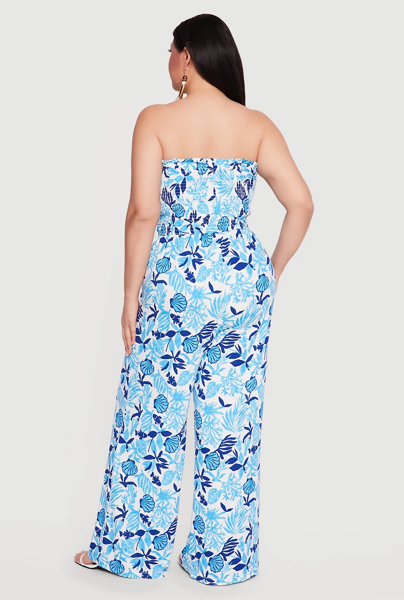 Plus Patterned Smocked Tube Jumpsuit