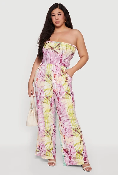 Plus Tie Dye Patterned Smocked Tube Jumpsuit