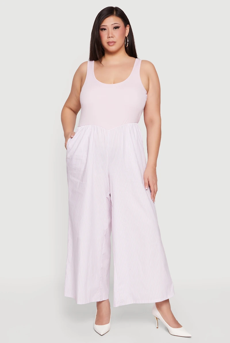 Plus Sleeveless Striped Ribbed Knit Jumpsuit