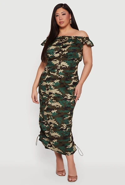Plus Toggle Drawstring Camouflage Cargo Midi Skirt