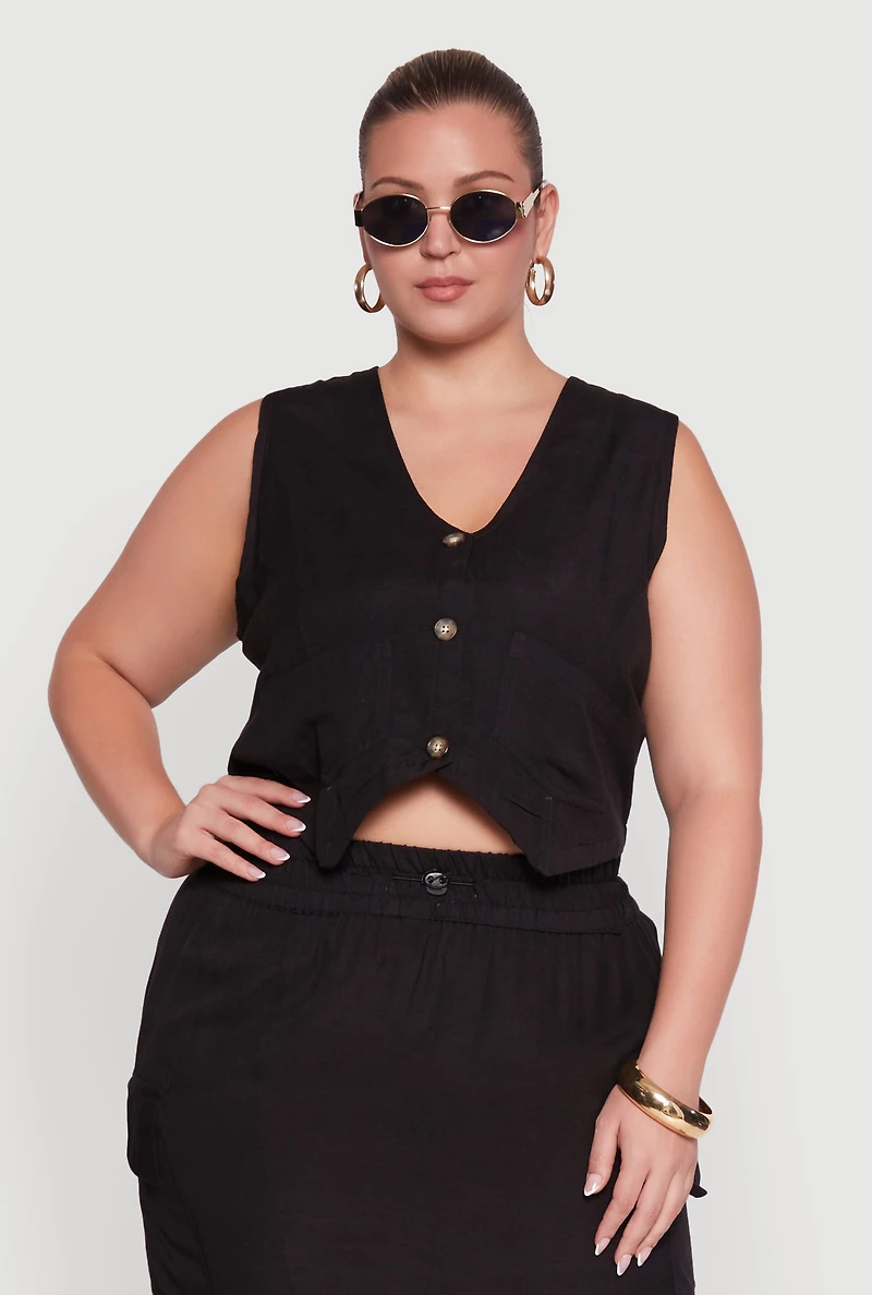 Womens Plus Size Linen V-Neck Cropped Vest, Black, Size 1X
