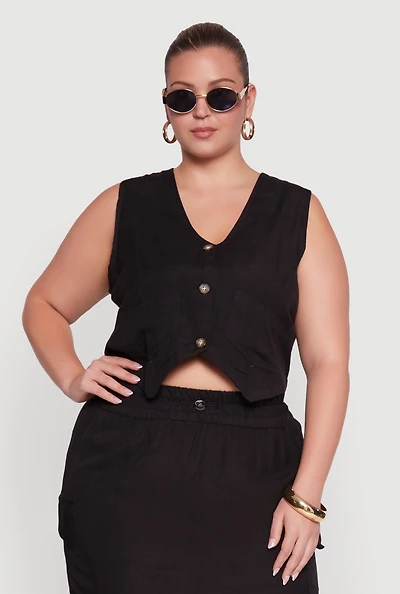Womens Plus Size Linen V-Neck Cropped Vest, Black, Size 1X