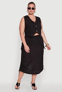 Womens Plus Size Linen V-Neck Cropped Vest, Black, Size 1X