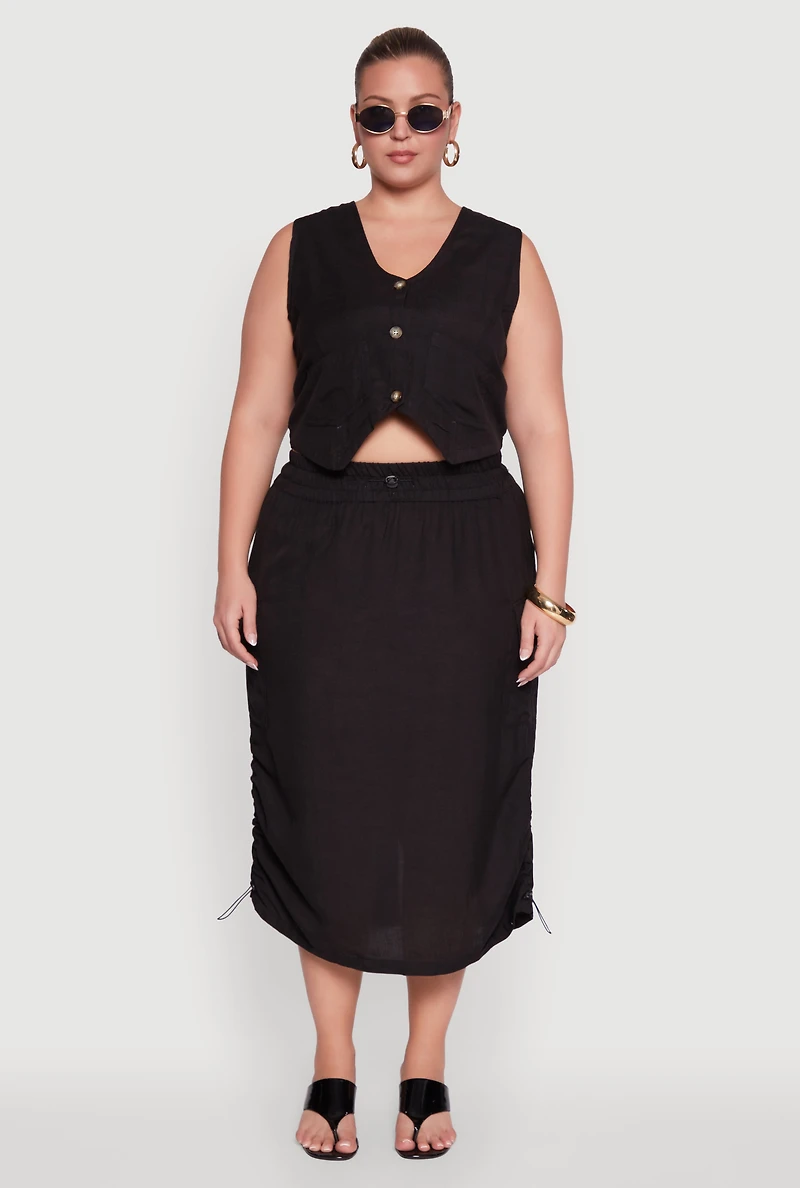 Womens Plus Size Linen V-Neck Cropped Vest, Black, Size 1X