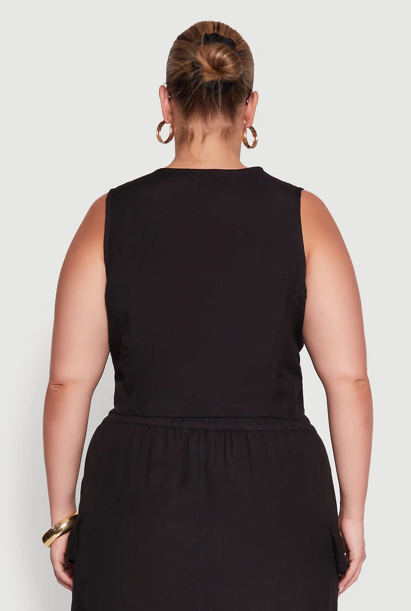 Womens Plus Size Linen V-Neck Cropped Vest, Black, Size 1X