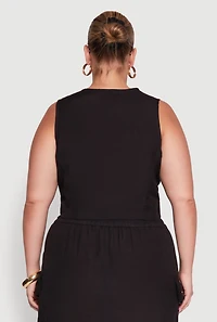 Womens Plus Size Linen V-Neck Cropped Vest, Black, Size 1X