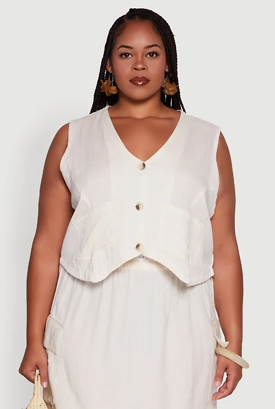 Plus Linen V-Neck Blazer Vest