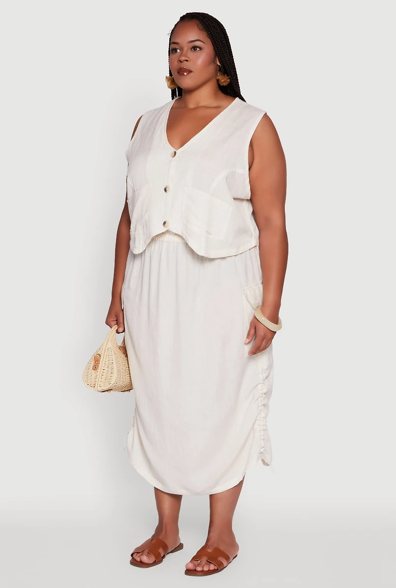 Womens Plus Linen V-Neck Cropped Vest, 3X