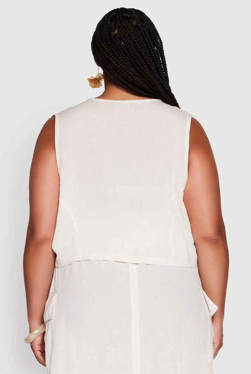 Womens Plus Linen V-Neck Cropped Vest, 3X