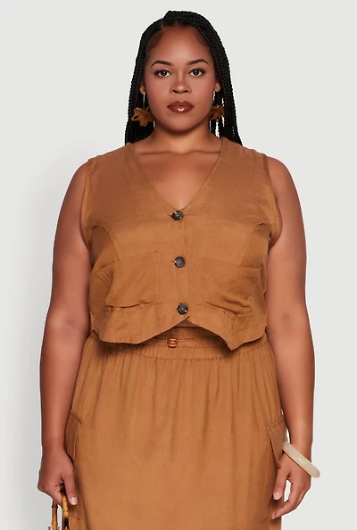 Womens Plus Linen V-Neck Cropped Vest, Brown,