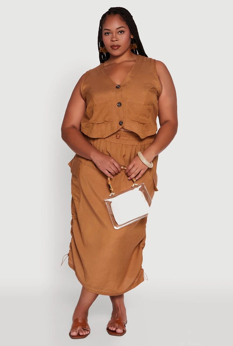 Womens Plus Size Linen V-Neck Cropped Vest, Brown, Size 2X