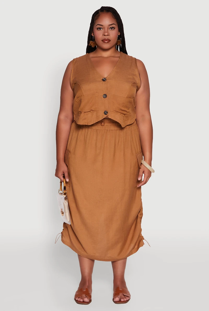 Womens Plus Linen V-Neck Cropped Vest, Brown,