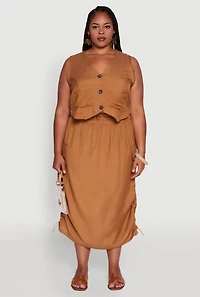 Womens Plus Linen V-Neck Cropped Vest, Brown,