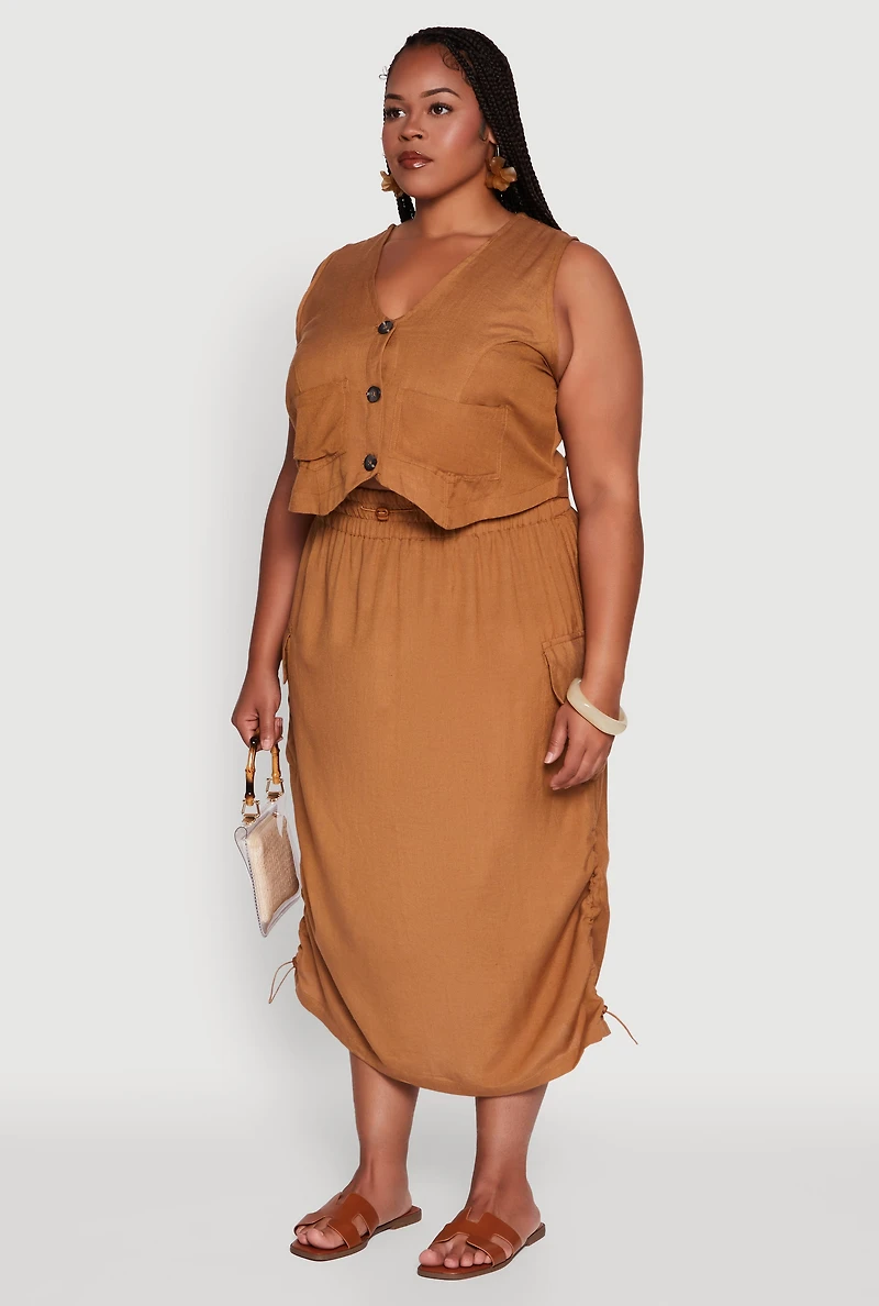 Womens Plus Linen V-Neck Cropped Vest, Brown,
