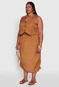 Womens Plus Linen V-Neck Cropped Vest, Brown,