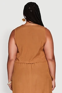 Womens Plus Linen V-Neck Cropped Vest, Brown,