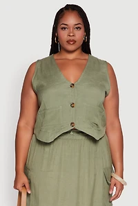 Plus Linen V-Neck Blazer Vest