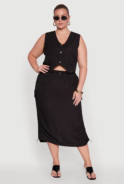 Womens Plus High Waisted Toggle Drawstring Hem Linen Skirt with Ruching, 3X