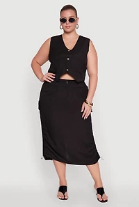 Womens Plus High Waisted Toggle Drawstring Hem Linen Skirt with Ruching,