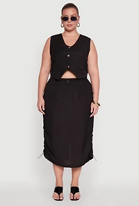 Womens Plus High Waisted Toggle Drawstring Hem Linen Skirt with Ruching,