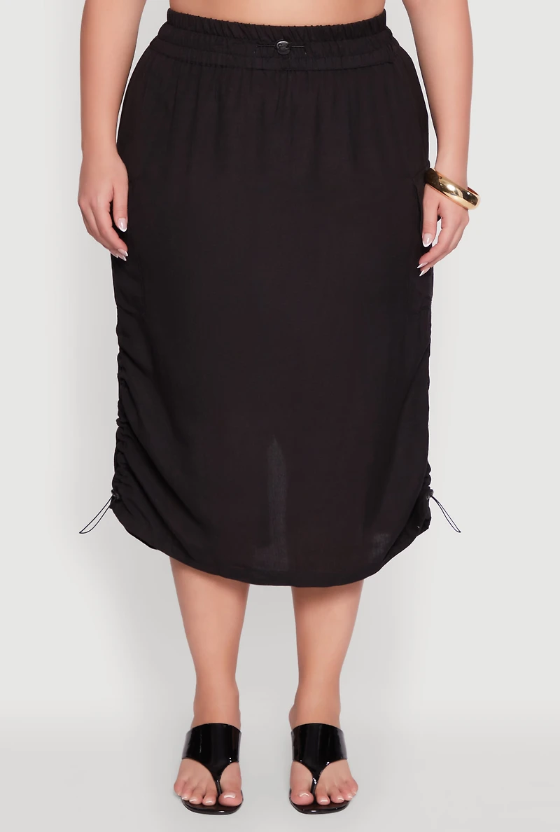 Womens Plus High Waisted Toggle Drawstring Hem Linen Skirt with Ruching,