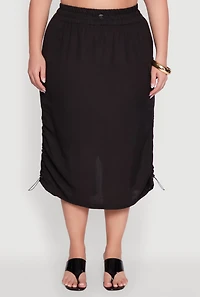 Womens Plus High Waisted Toggle Drawstring Hem Linen Skirt with Ruching,