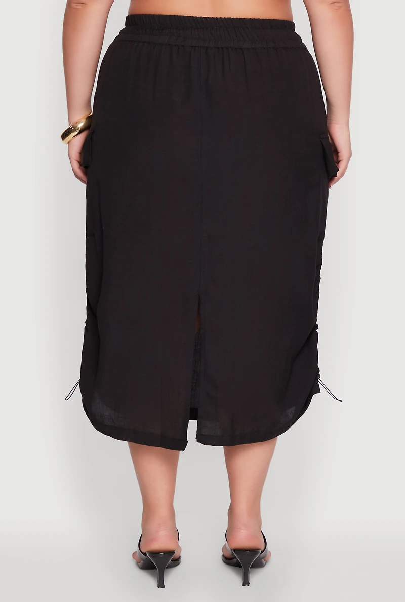 Womens Plus High Waisted Toggle Drawstring Hem Linen Skirt with Ruching,