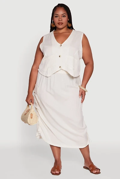 Womens Plus Size High Waisted Toggle Drawstring Hem Linen Skirt with Ruching, Khaki, Size 1X