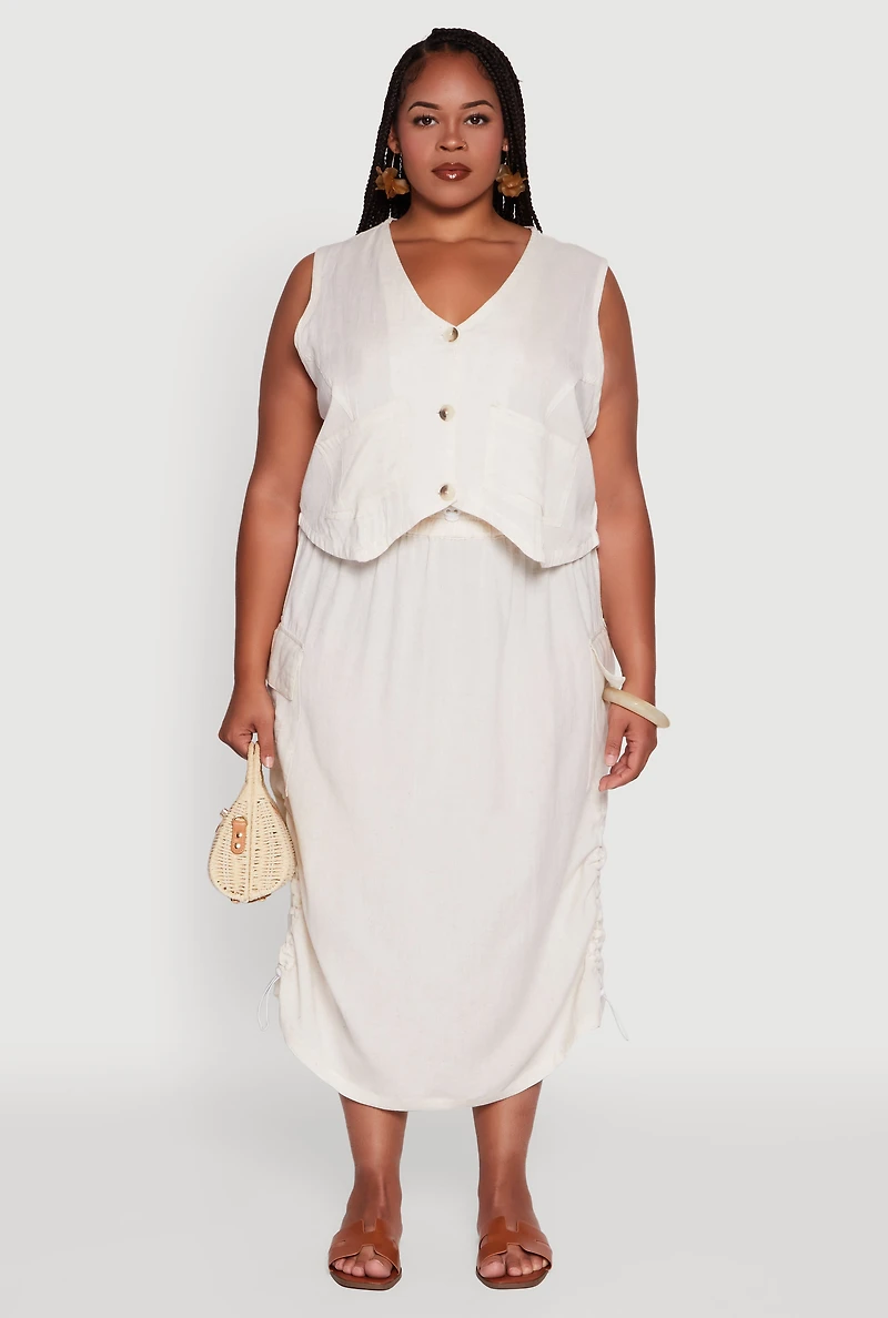 Womens Plus Size High Waisted Toggle Drawstring Hem Linen Skirt with Ruching, Khaki, Size 2X