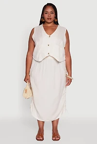 Womens Plus Size High Waisted Toggle Drawstring Hem Linen Skirt with Ruching, Khaki, Size 2X