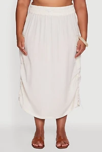 Womens Plus Size High Waisted Toggle Drawstring Hem Linen Skirt with Ruching, Khaki, Size 2X