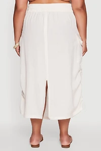 Womens Plus Size High Waisted Toggle Drawstring Hem Linen Skirt with Ruching, Khaki, Size 2X