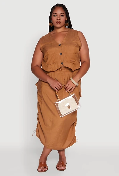 Womens Plus Size High Waisted Toggle Drawstring Hem Linen Skirt with Ruching, Brown, Size 2X