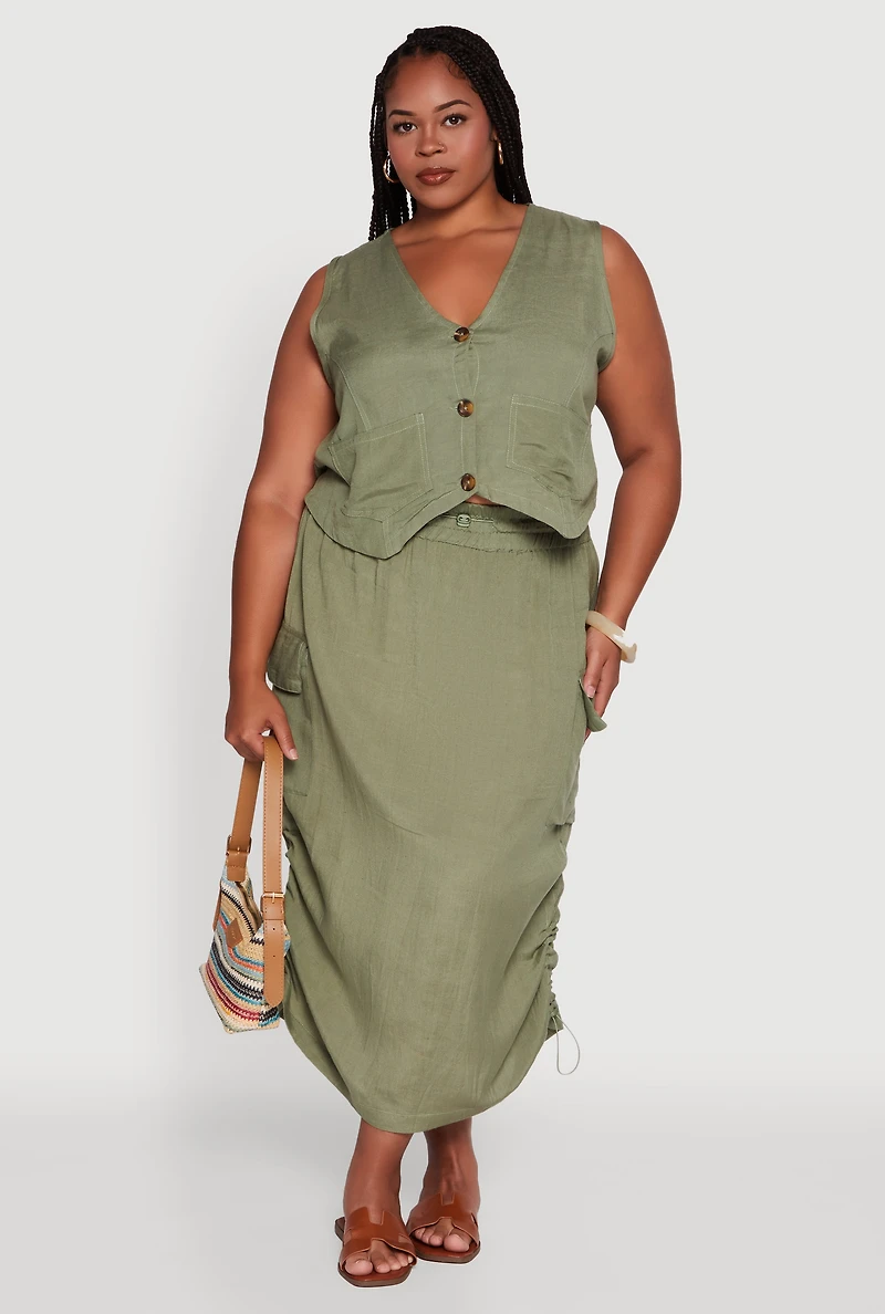 Womens Plus Size High Waisted Toggle Drawstring Hem Linen Skirt with Ruching, Green, Size 3X