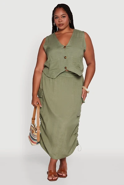 Womens Plus Size High Waisted Toggle Drawstring Hem Linen Skirt with Ruching, Green, Size 3X