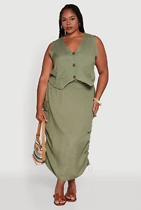 Womens Plus Size High Waisted Toggle Drawstring Hem Linen Skirt with Ruching, Green, Size 3X