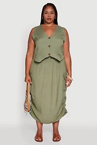 Womens Plus Size High Waisted Toggle Drawstring Hem Linen Skirt with Ruching, Green, Size 3X