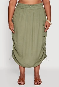 Womens Plus Size High Waisted Toggle Drawstring Hem Linen Skirt with Ruching, Green, Size 3X