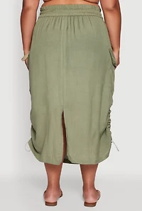Womens Plus Size High Waisted Toggle Drawstring Hem Linen Skirt with Ruching, Green, Size 3X