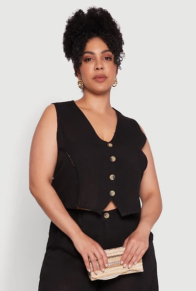 Womens Plus Size Trendy Linen Crochet Detail Cropped Vest, Black, Size 2X